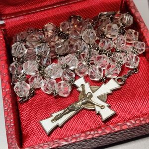 Vintage MCM Silver and Enamel Catholic Rosary Original Box